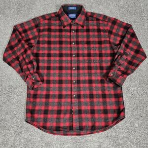 Pendleton Lodge Shirt Mens Large Red Black Flannel Plaid Wool Cabincore Rustic